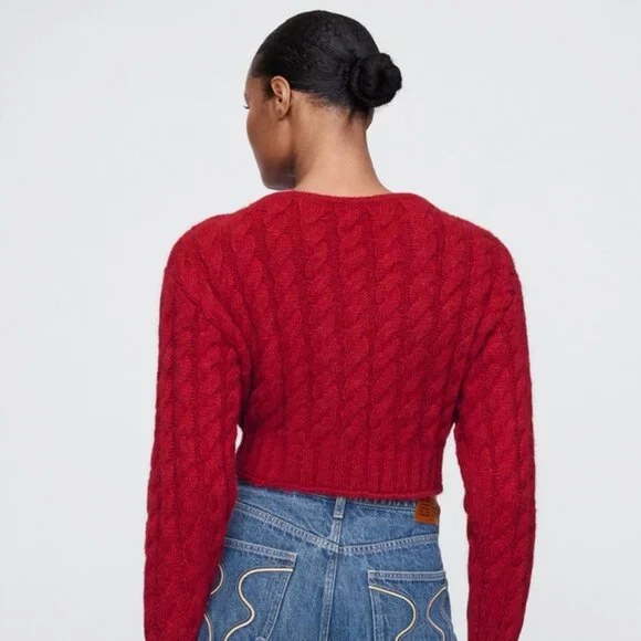 Gap x Cult Gaia Cropped Cable-Knit Cardigan Sweater in Red Medium NWT - Picture 3 of 7
